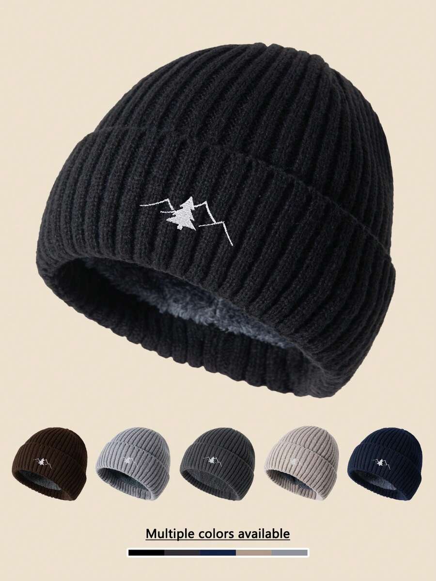 1pc Mountain & Tree Embroidered Knit Beanie Hat, Warm Thermal Lined, Windproof, Soft & Comfortable, Simple & Fashionable, Essential Winter Hat Men Women Clothing Winter - A - View 1