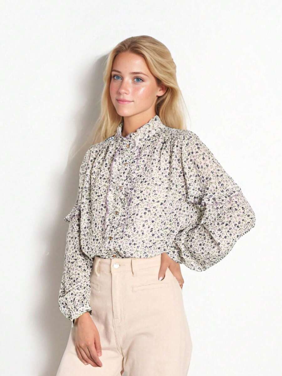 Simple Retro Women's Autumn And Winter Casual Small Stand-Up Collar Full Width Printing Collision Purple Retro Elegant Temperament Fit Long-Sleeved Shirt - Purple - View 1