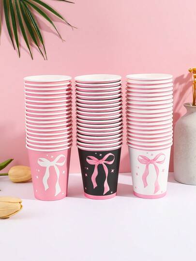 10/20/50 piezas Paquete de vasos de papel desechables con moño rosa, vasos de fiesta lindos para cumpleaños de niñas, baby shower, despedida de soltera, suministros para fiesta de té