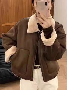 Un abrigo de piel de cordero Mujeres Otoño e Invierno engrosada solapa Ropa de moto Chaqueta Tops Versátil abrigo de piel de cordero con forro de borreguillo para mujer Otoño/Invierno Novedad Chaqueta motera con cuello grueso Abrigo cálido de borreguillo con forro polar Otoño/Invierno Estilo británico Lujoso Versátil A la moda Top con cuello de borreguillo - Café integral - Ver 3