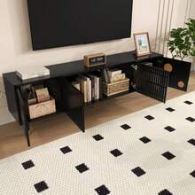 TV Cabinet, TV Furniture With A Lattice Structure, Hidden Handles, And Gold Decor. Living Room Furniture. Two Solid Wood Doors. - Black - View 6