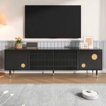 TV Cabinet, TV Furniture With A Lattice Structure, Hidden Handles, And Gold Decor. Living Room Furniture. Two Solid Wood Doors. - Black - View 9