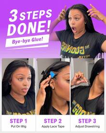 MEGALOOK 升级版 13x6 三合一™ 无胶假发，丝滑直发，带抽绳 - 100% 真人发，预剪耳到耳蕾丝，预拔毛预漂白，细小发结，无需胶水，透明蕾丝前额，自然黑色，180% 密度，18-24 英寸，适合初学者，自然美观，日常佩戴