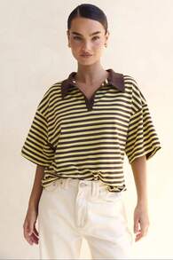 Womenacute;S Short Sleeve Collared Shirt Chocolate Brown Yellow Stripes 100 Percent Polyester Casual Tee - 黃色 - 查看 2