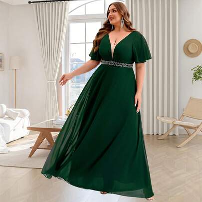 NIKBK Elegantes Kleid in Große Größen für Damen mit Mesh-Einsätzen, Blumenmuster, Perlenbesatz und Rüschenärmeln