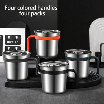 1pc/4pcs Stainless Steel Coffee Cup, Stainless Steel Vacuum Insulated Cup, Heat And Cold Insulation, Portable Water Cup, Suitable For Office And Home Use, Large Capacity Cup, Holiday Gift, Large Mouth With Lid
