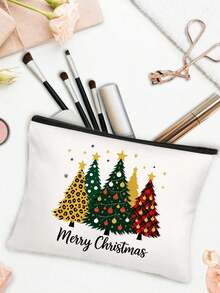 Christmas Tree Print Cosmetic Travel Bag - Stylish Spooky Cute Makeup Organizer For Holiday Travel | Reusable Polyester Makeup Pouch For Cosmetics, Lipstick, Phone Accessories | Lightweight Zipper Closure Bag - Perfect Christmas Gift, Bridal Shower, Wedding Accessory, Toiletry Bag, Travel Essentials | Festive Daily Use Cosmetic Case, - Multicolor - View 2