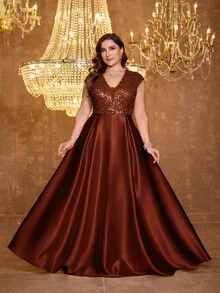 XUIBOL 亮片缎面拼接V领A字连衣裙，正式优雅大码女士晚礼服（重工装饰），适合舞会、婚礼宾客、毕业典礼、晚宴等场合。 - 鏽棕色 - 查看 7