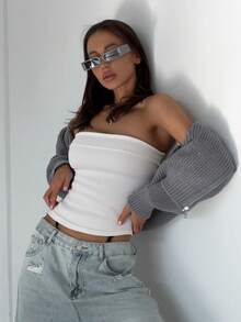 Women's Solid White Ribbed Elastic Sexy Slit Bandeau Top, Suitable For Music Festivals, Concerts, Parties, Baddie Young Girls' Daily Wear, Beach Vacation Photos, Christmas, Valentine's Day And Other Occasions To Wear Alone Or Layer - White - View 7