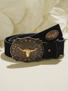 1 pieza Cinturón unisex con hebilla de cabeza de toro retro, accesorio de moda clásico de piel de PU grabada, cinturón casual de estilo occidental - Negro - Ver 2