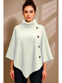 Poncho De Mujer Tejido De Punto, Comodo Con Detalle de Botones en Manga - Blanco - Ver 3
