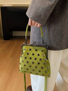 Túi xách da lộn cổ điển thời trang thu đông 2025 mới, túi đeo vai nữ có thể tháo rời, có ví cài nút. Túi đeo chéo màu xanh lá cây trang trí đinh tán đơn giản - màu xanh lá - Xem 5