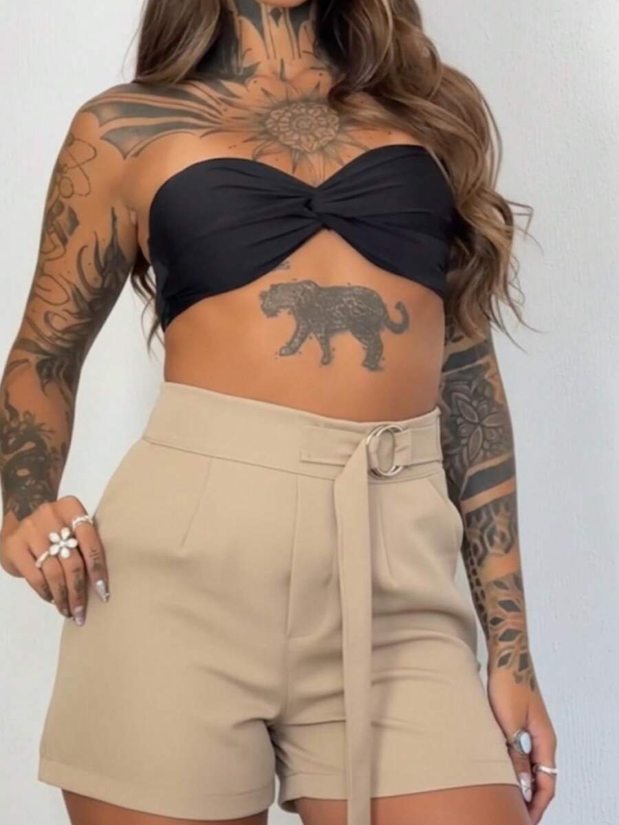 Women's Tailored Shorts With Ties - Beige - View 1