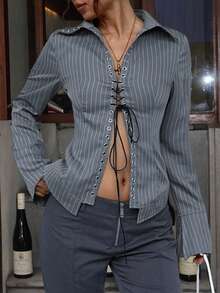 SOLTRB Women's Retro Fashion Casual Versatile Modern Commute Solid Color Tie Metal Eyelet Knot Shirt, Office & Everyday Wear