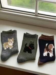 5 pares de calcetines cálidos de estilo japonés para otoño/invierno, calcetines medianos con diseño de cachorros de dibujos animados, calcetines medianos cálidos, calcetines de dibujos animados con bloques de color simples y lindos - Multicolor - Ver 5