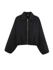 Áo khoác nữ màu đen có túi khóa kéo - Áo khoác ngoài dáng rộng, cổ bẻ, thích hợp cho mùa xuân và mùa thu. - màu đen - Xem 4