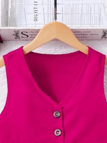 2pcs/Set Tween Girl French Fashion Outfit, Top Paired With Suit Pants, Stylish & Versatile - Hot Pink - View 3