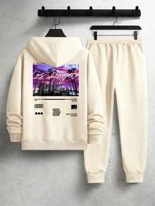 SECRET BASE Men's Los Angeles Cityscape Graphic Hoodie And Sweatpants Set - Oversized Streetwear Tracksuit - Màu be - Xem 3