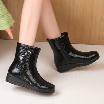 1 Pair Geometric Pattern Western Style Faux Leather Rhinestone Bow Zipper Stone Texture Slip-Resistant Rubber Sole Lightweight & Warm Winter Boots