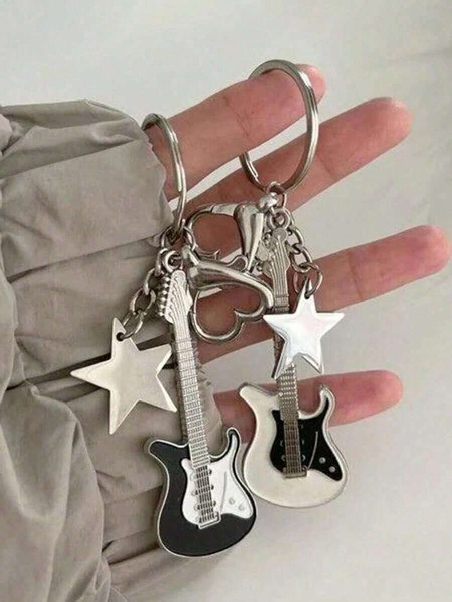 2pcs/Set Punk Hip-Hop Y2k Style Sexy Heart Star Guitar Pendant Keychain, Unisex Couple Backpack Hanging Decoration Accessories For Music Festival, Valentine'S Day Gift Valentines - 黑與白 - 查看 1