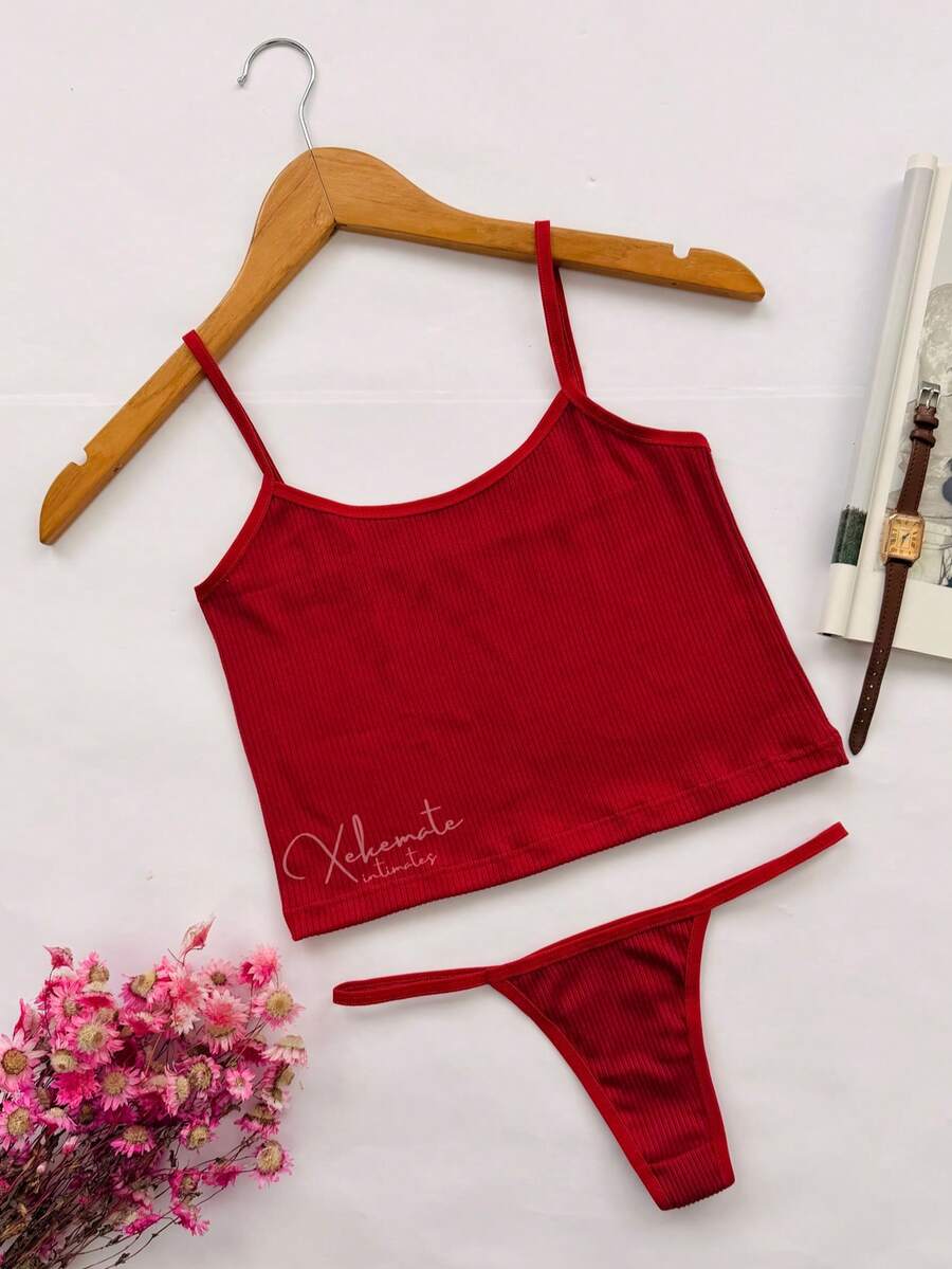 Lingerie Set: Thong Without Padding, Ribbed Suede Fabric, Comfortable, Butt-Lifting, Women's Fashion - 紅色 - 查看 1