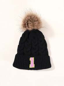 1顶黑色针织帽，带有0-9数字贴片，保暖滑雪帽，适合儿童男女，Y2K风格户外冬季毛线帽，多功能休闲保暖帽，适合角色扮演 - 黑色 - 查看 3