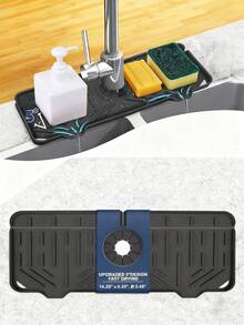 Silicone Drying Tray Mat For Kitchen/Bathroom - Faucet Drip Catcher With Soap Holder & Counter Splash Guard - Black - View 2