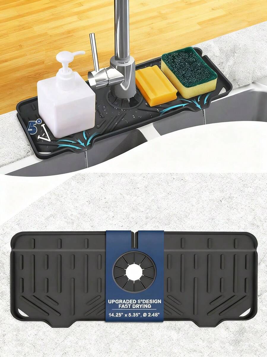 Silicone Drying Tray Mat For Kitchen/Bathroom - Faucet Drip Catcher With Soap Holder & Counter Splash Guard