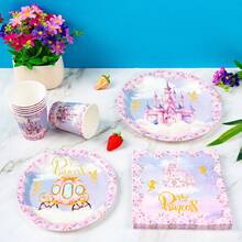8件套粉色花朵城堡一次性餐盘、餐巾纸、杯子套装，包含餐盘、餐巾纸和杯子，适合8位客人使用，一次性纸盘，适用于生日、婚礼、主题派对、家庭野餐等场合。 - 彩色 - 查看 5