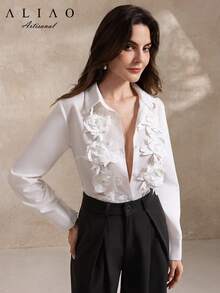 A&A 精致工艺 3D 立体花朵长袖衬衫，简约风格，适合单身派对、早午餐等场合，立体效果，音乐会服装，假日装扮 - 白色 - 查看 5
