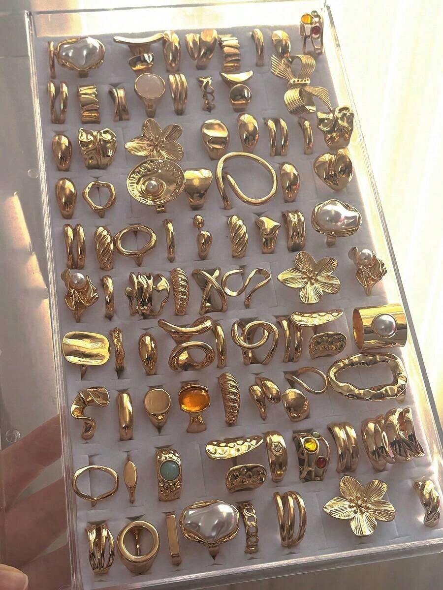 6pcs Vintage, Elegant, Chunky Multi-Piece Stackable Rings Set - Featuring Flower, Bow, Geometric, Pearl, Asymmetrical Shape, Colorful Stone Texture, Heart, Pleated, Hollow, Square, Round, Twisted, Braided Chain, Minimalist, Smooth Plain Band, Oversized, Chunky Rings, Fashion, Elegant, Delicate, Retro Design, Suitable Holiday, Party, Date,, Daily Wear - 黃金 - 查看 1