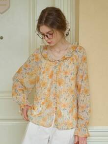 Simple Retro 女士撞色V领系带腰身印花黄色浪漫优雅复古修身短袖休闲上衣，春夏款 - 黃色 - 查看 8