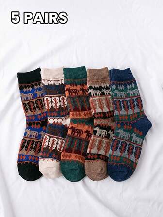 5 Pairs Unisex Thick Wool Blend Socks, Geometric, Animal, Patterns, Retro Style, Soft & Comfortable, Warm, Suitable For Casual Daily Wear, Mid-Calf Length, Autumn/Winter