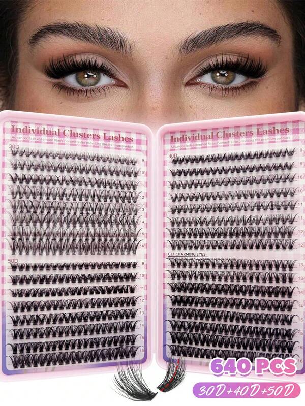 Large-Capacity Lash Clusters Kit, 640 Pcs Eyelashes Clusters Extensions Kit 9-16mm Individual Lashes D Curl Fluffy Wispy False Eyelashes DIY (30D+40D+50D Kit 9-16mm)