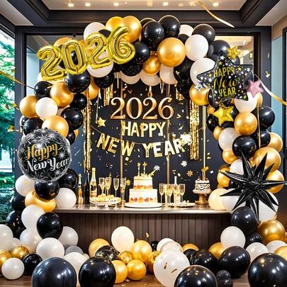 117-Piece Black Gold & Silver Color Paper Balloon Arch Set, New Year's Eve Party Supplies, Indoor/Outdoor Photography Props, Photo Styling Accessories, Venue Decorations. Suitable For Weddings, Graduation Ceremonies, Birthday Parties, New Year Decorations.