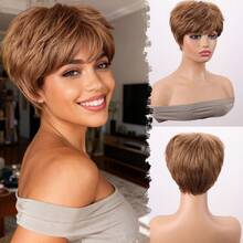 Short Wigs For Women With Bangs Gray Mixed Synthetic Hair Fiber Mixed Color Pixie Cut Wig Natural Looking Daily Use Hair - Multicolor - View 4