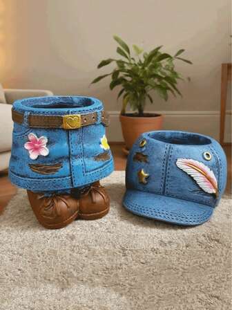 مجموعة أصيص زهور بطراز الجينز الإبداعي، أصيص بشكل قبعة وشورت مخصص، ديكور منزلي بطراز نوردي، حاوية للنباتات الصغيرة والنباتات الخضرية