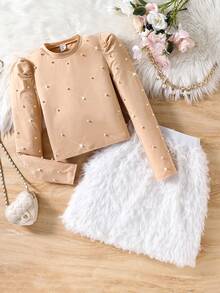 Girls Beaded Collar Puff Sleeve Top + Furry Skirt 2-Piece Set - Apricot - View 3