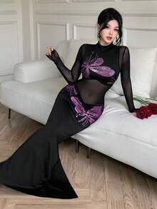 abyoxi Women's Black Mesh Splicing, High Neck, Pink Rhinestone Butterfly Embellished, Slim-Fit Slit, Fishtail Long Dress, Glamorous And Sexy, Fashionable And Elegant, Party, Date, Formal Dinner Gown, Fall Winter Bodycon Mermaid Maxi Dresses