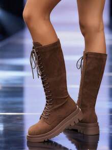 Women's Winter Over-The-Knee Boots, Black Boots, Brown Boots, Front Lace-Up Round Toe Thick Sole Tall Boots, Side Zipper Design Boots, Everyday Commute High Shaft Boots