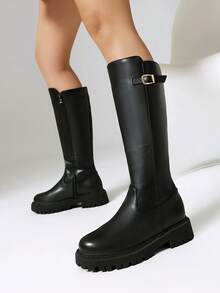 Women's Black Leather Skinny Fashion Boots, Casual Tight Leather Boots, Western Cowboy Boots, Fashionable Casual Riding Boots - Black - View 2