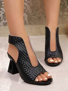 2025 New Arrival Dual-Tone Leopard Print Women's Boots, Comfortable Chunky Heel Round Toe Open Toe Sandals - Black - View 10