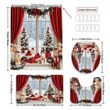 1/3/4pcs Christmas Winter Shower Curtain Set With Gift Balls, Snowflake, And Bow, Red And Green Polyester Fabric, Washable, U-Shaped Toilet Lid Cover, Non-Slip Bath Mat, Festive Holiday Bathroom Decor With 12 Hooks - Multicolor - View 16