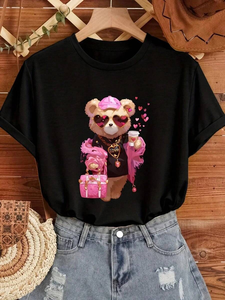 Bear & Love Printed T-Shirt Casual Crew Neck Short Sleeve Tops For Summer Women's Clothing T Shirts - 黑色 - 查看 1
