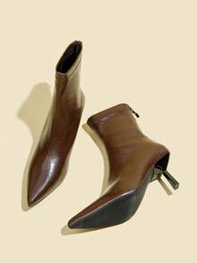 High-Quality Brown Retro Back Zipper Pointed Toe Maillard Boots, New Autumn/Winter Women's Versatile Elastic Skinny Boots, Slim Heel Short Ankle Boots,Burgundy Heels - Brown - View 6