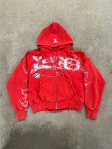 Men's Y2K Street Hip-Hop Hoodie, Gothic Harajuku Style Zip Pullover Sweatshirt For Autumn And Winter - 紅色 - 查看 1