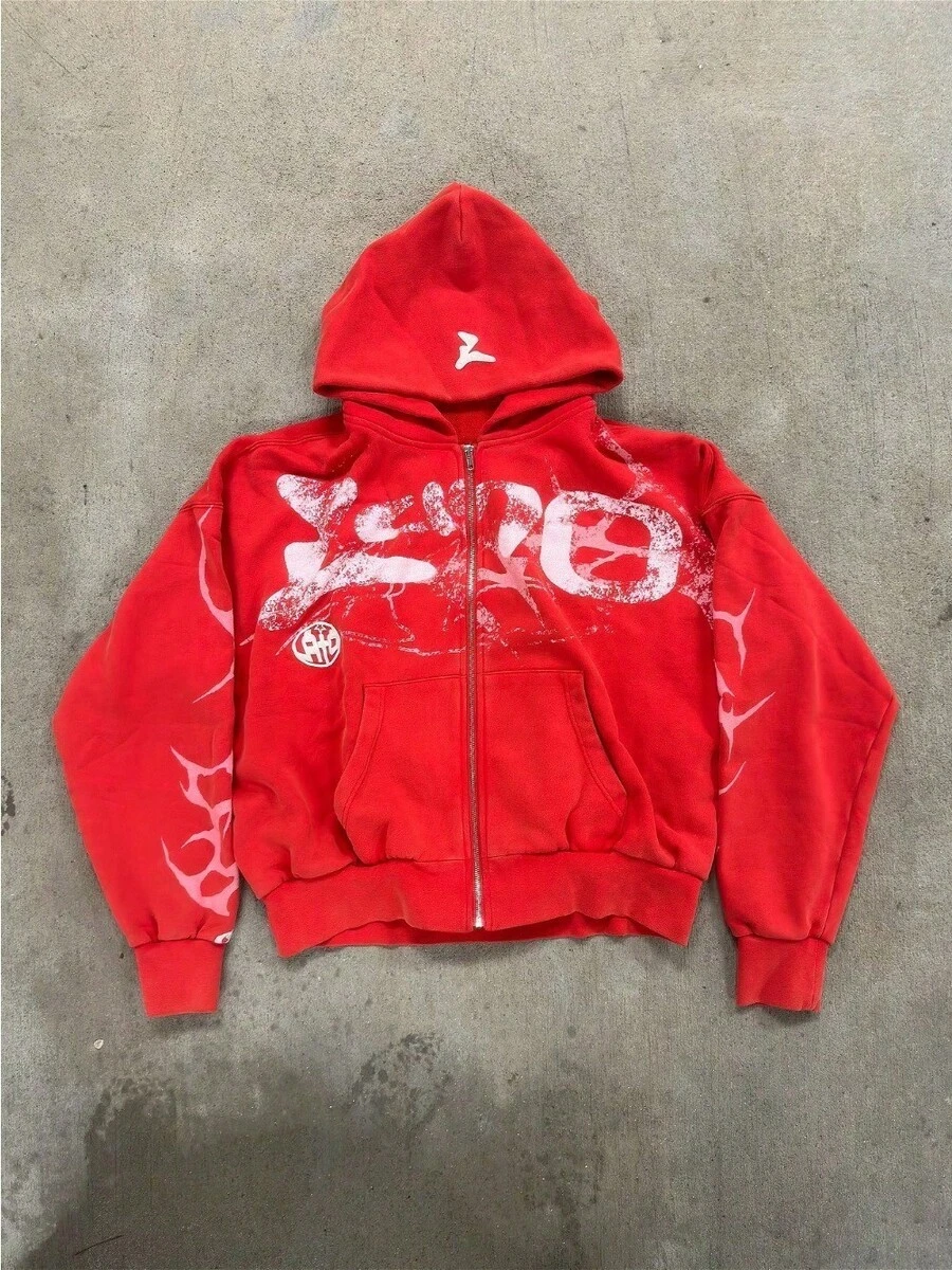 Men's Y2K Street Hip-Hop Hoodie, Gothic Harajuku Style Zip Pullover Sweatshirt For Autumn And Winter - 紅色 - 查看 1