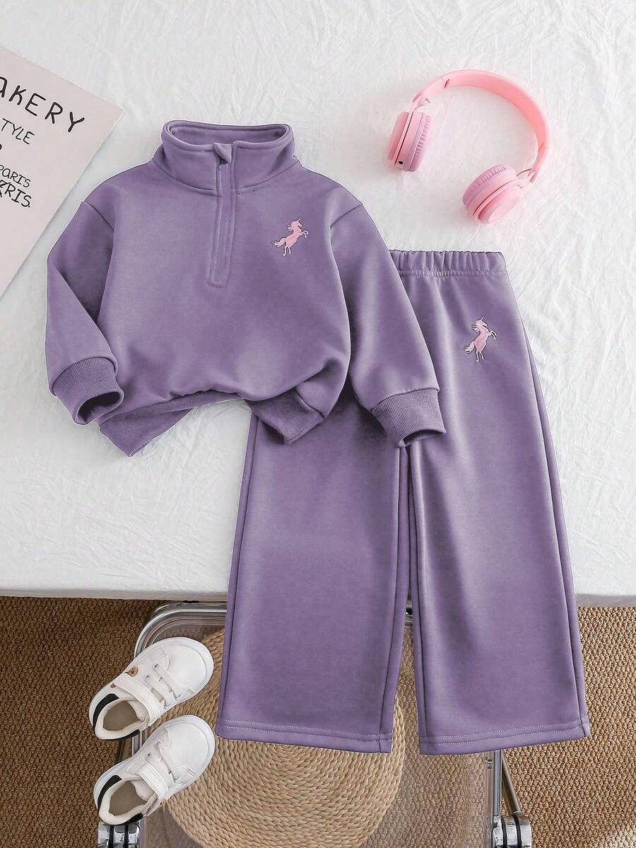 Chatreadl 2 piezas Conjunto de sudadera y pantalones de unicolor con bordado de unicornio para niñas, diseño minimalista, cómodo para primavera, otoño e invierno - Púrpura polvoriento - Ver 1