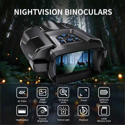High-Resolution Digital Infrared Night Vision Device, Infrared Binoculars, Equipped With A 5000mAh Lithium Battery, A 3-Inch HD Screen, 8x Digital Zoom And A 32GB Memory Card.