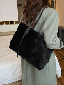 大容量女士时尚多功能单肩包，新款帆布手提包，时尚设计，适合上学、通勤和购物（不含吊坠） - 黑色 - 查看 3